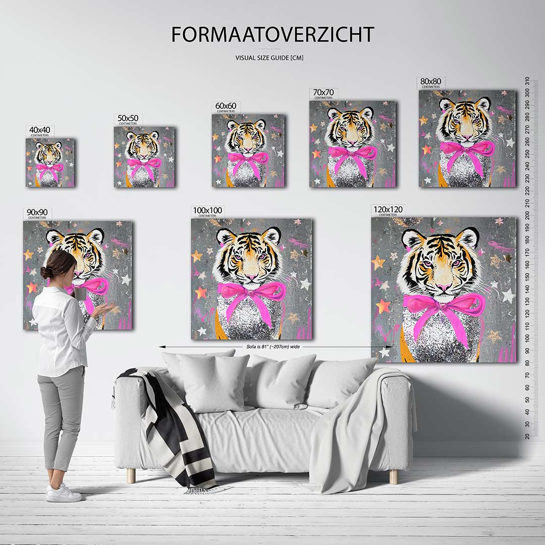 Kleurrijke tijger kunstwerk – dit werk toont een tijger met levendige kleuren en een speelse compositie van sterren en
