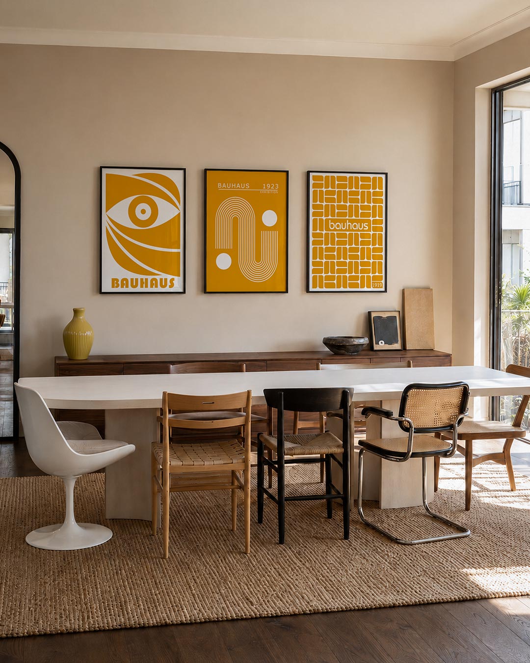 Oog en lijnen driedelige posterset – een opvallend oog in oranje met vloeiende lijnen en een ronde vorm. De compositie speelt