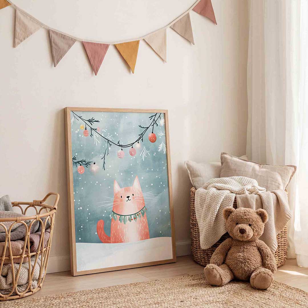 Kat met kerstversiering – speelse wandkunst als portret kinderposter