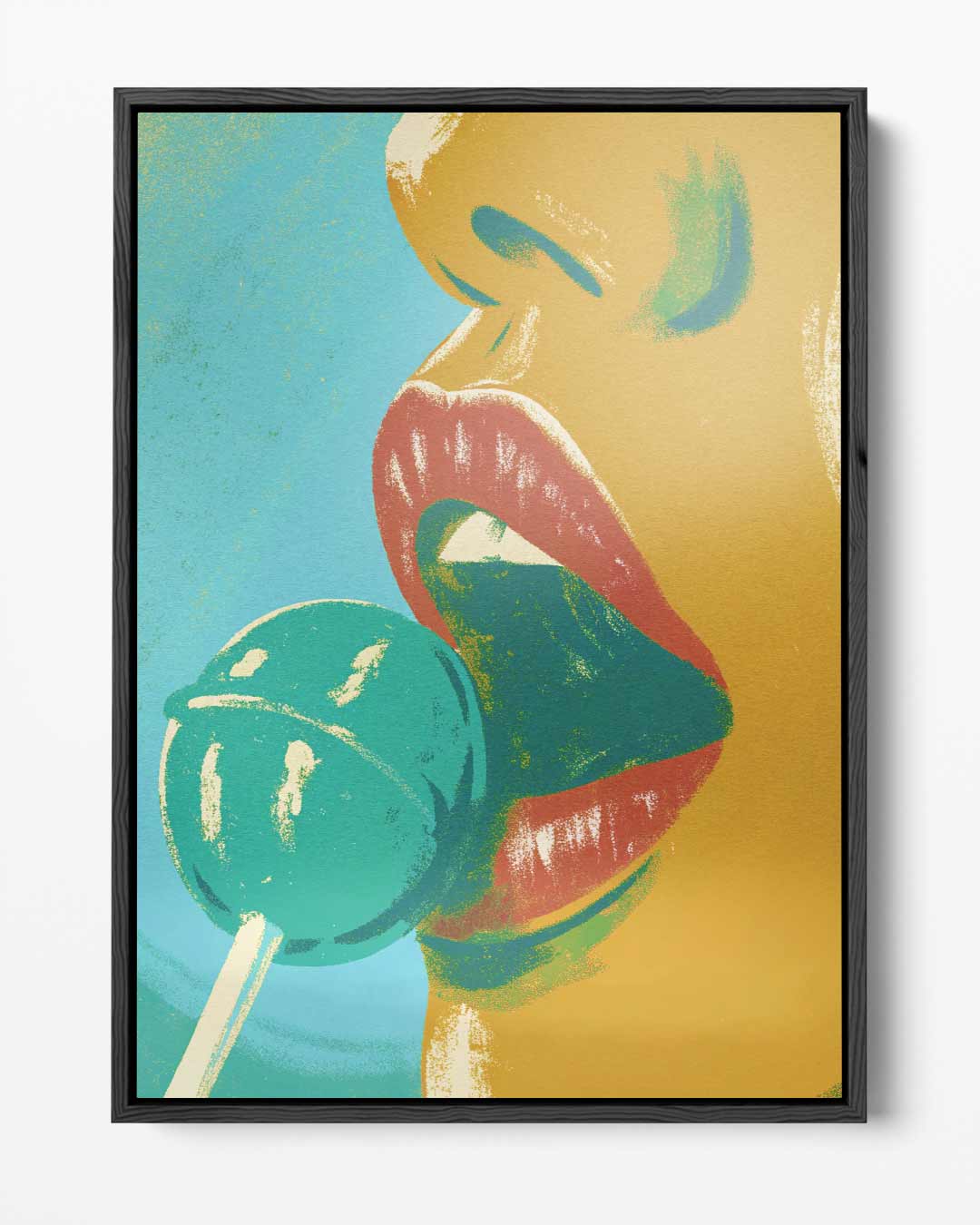 Verleidelijke Lippen met Lolly – portret kunstwerk als wanddecoratie