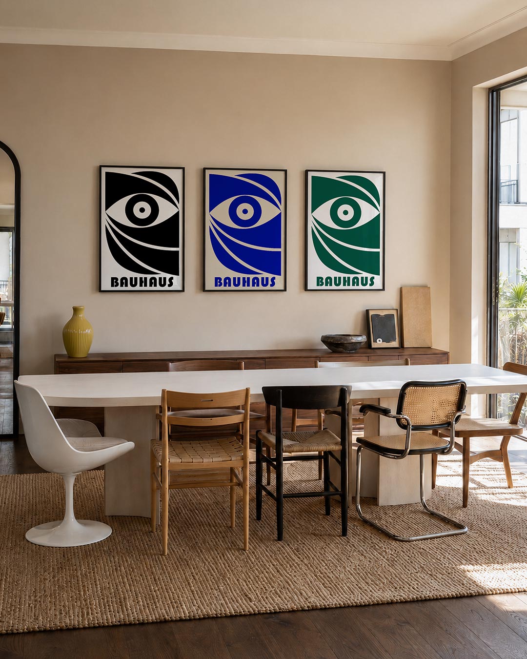 Oog en lijnen driedelige posterset – zwart-wit compositie met een centraal oog omringd door vloeiende lijnen. De vormen