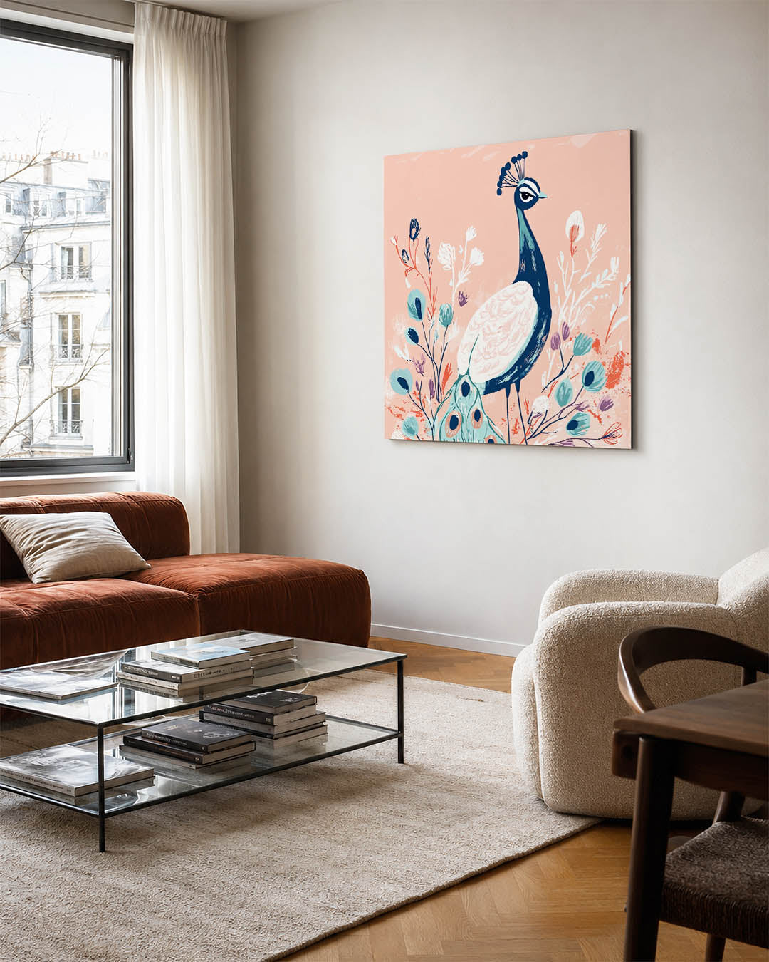 Vogels en bloemen kunstwerk – vierkante wanddecoratie – dit werk toont een sierlijke vogel omringd door bloemen. De zachte