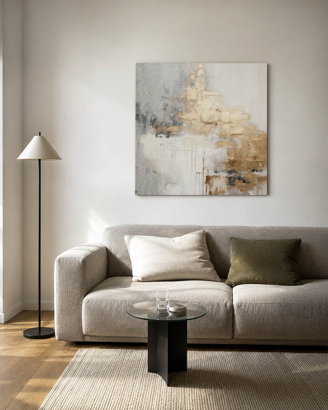 Gelaagde texturen kunstwerk – vierkante wanddecoratie – dit werk toont een dynamisch spel van grijs, beige en brons. De