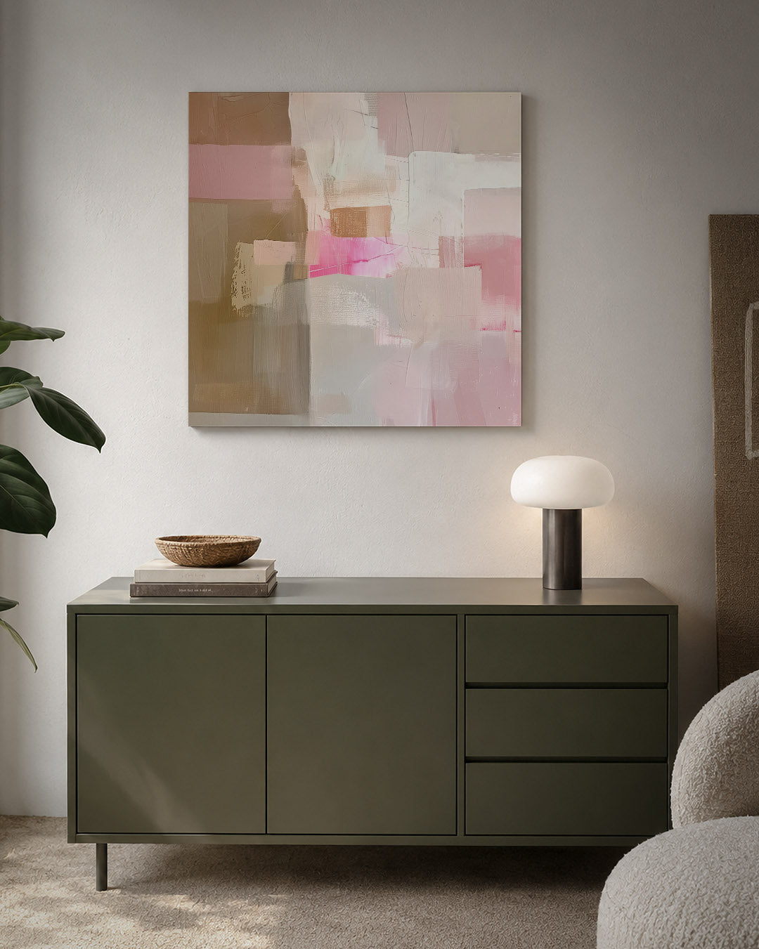 Zachte kleuren harmonie kunstwerk – detailweergave – dit werk toont een samenspel van zachte tinten met rechthoekige vormen