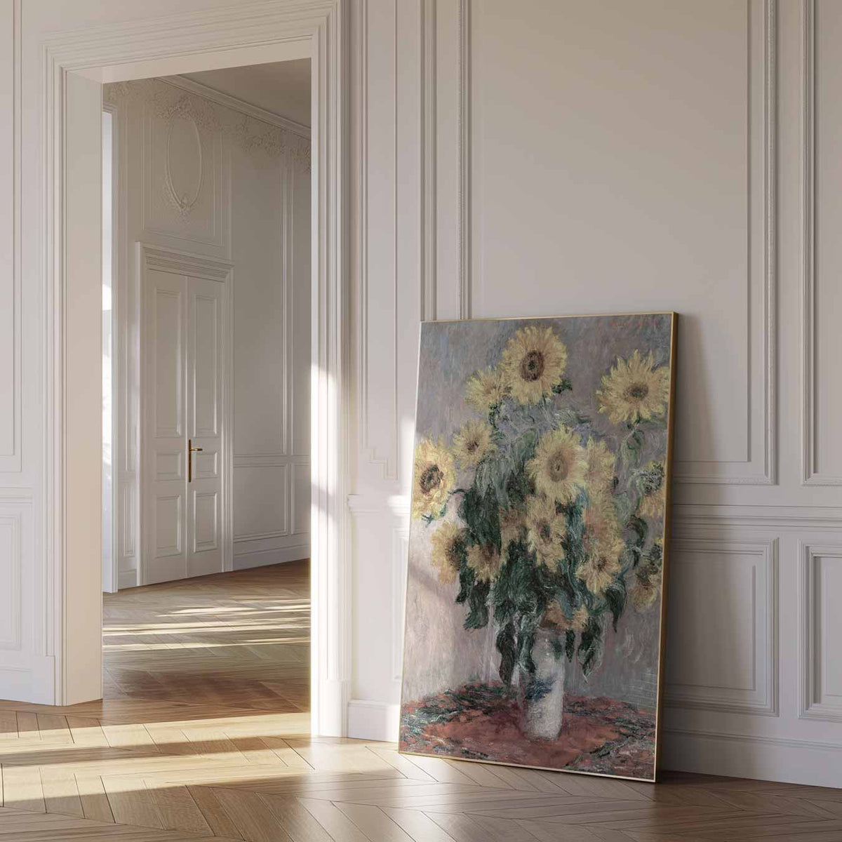 Zonnebloemen Vaas – vintage poster als sfeervolle wanddecoratie