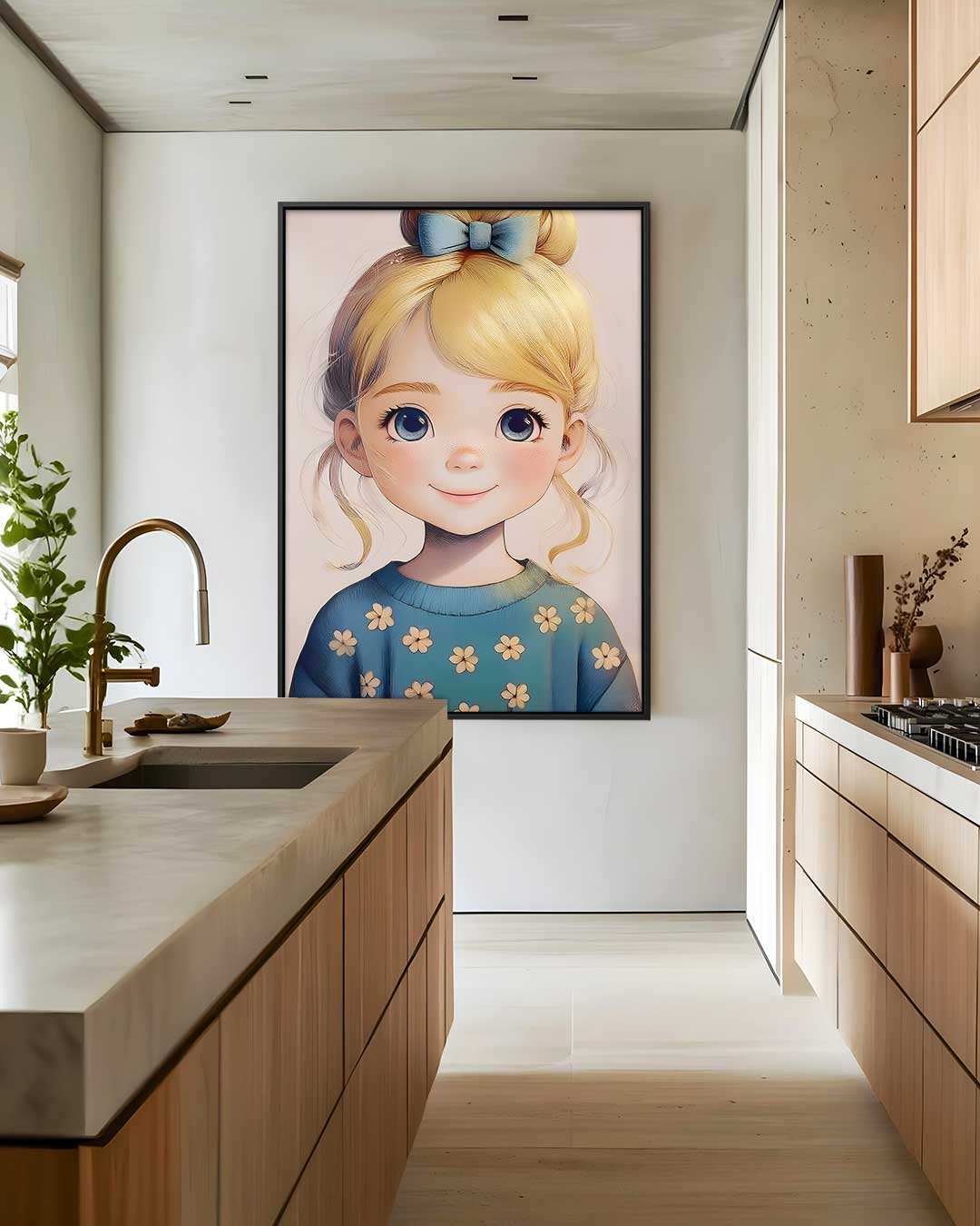 Blond meisje met bloementrui – modern portret kunstwerk van WallArtistic
