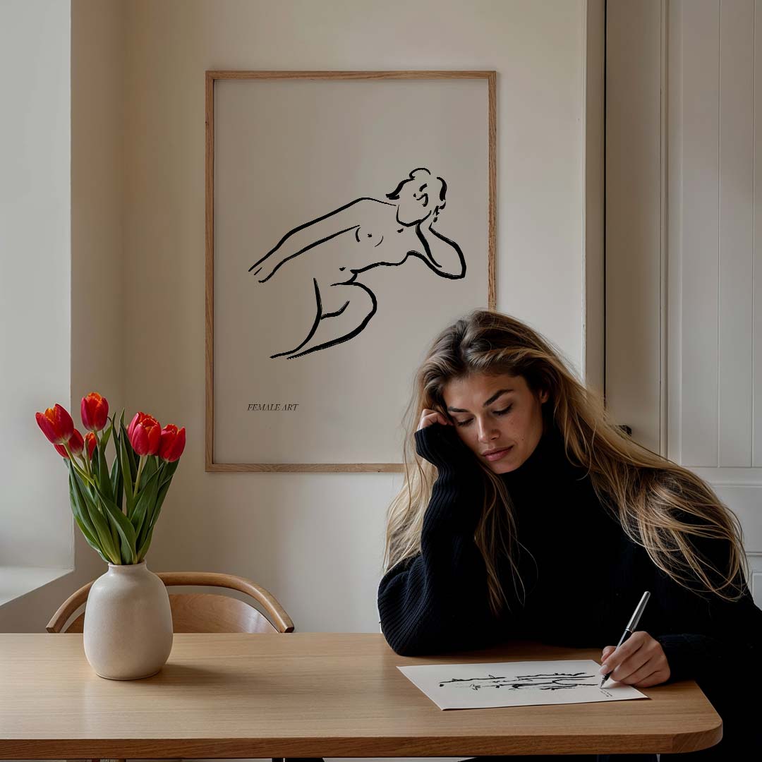 Elegante Vrouwelijke Lijntekening – lijntekening poster in staand formaat