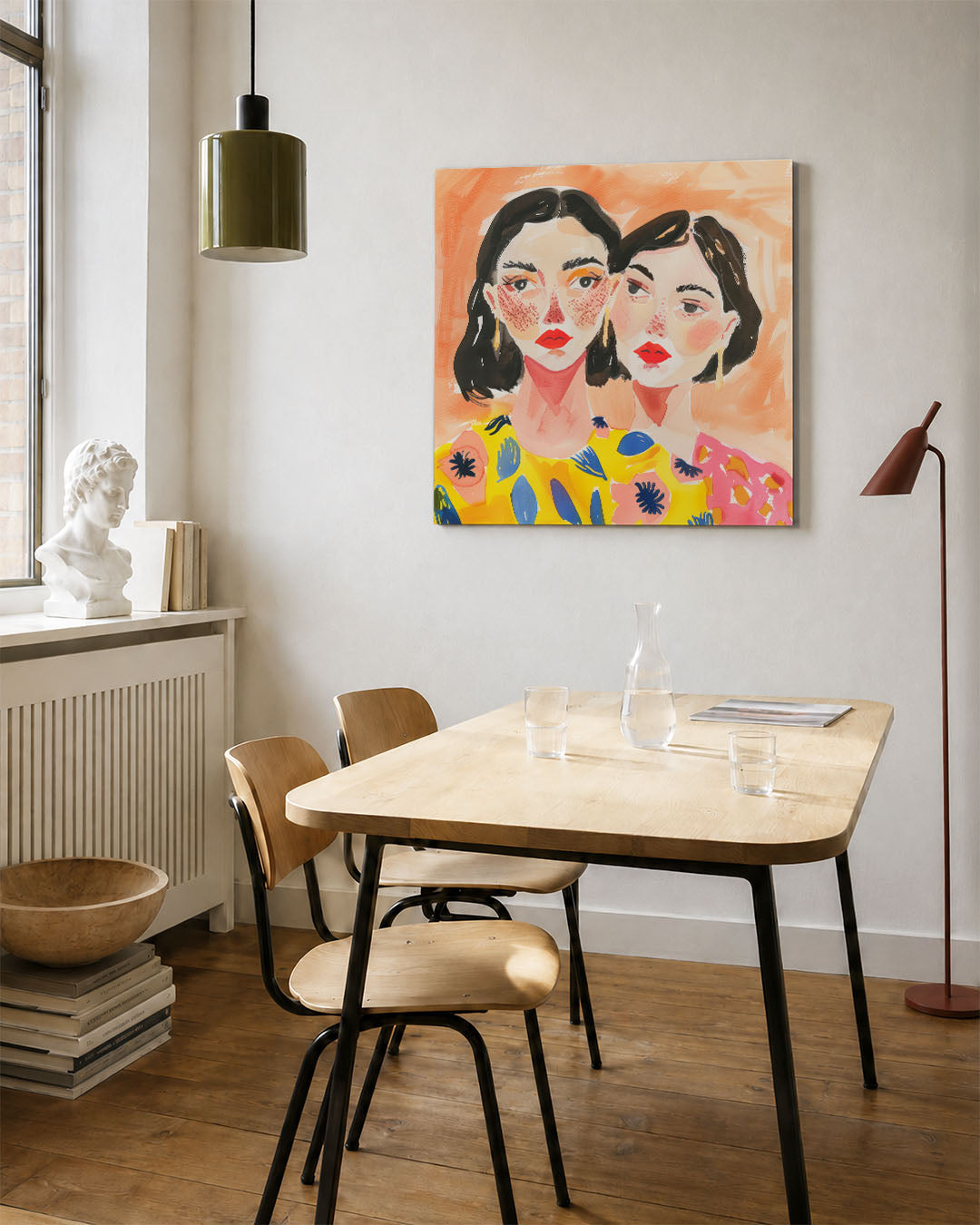 Vrolijke portretten kunstwerk – vierkante wanddecoratie – dit kunstwerk toont twee gezichten met levendige kleuren en