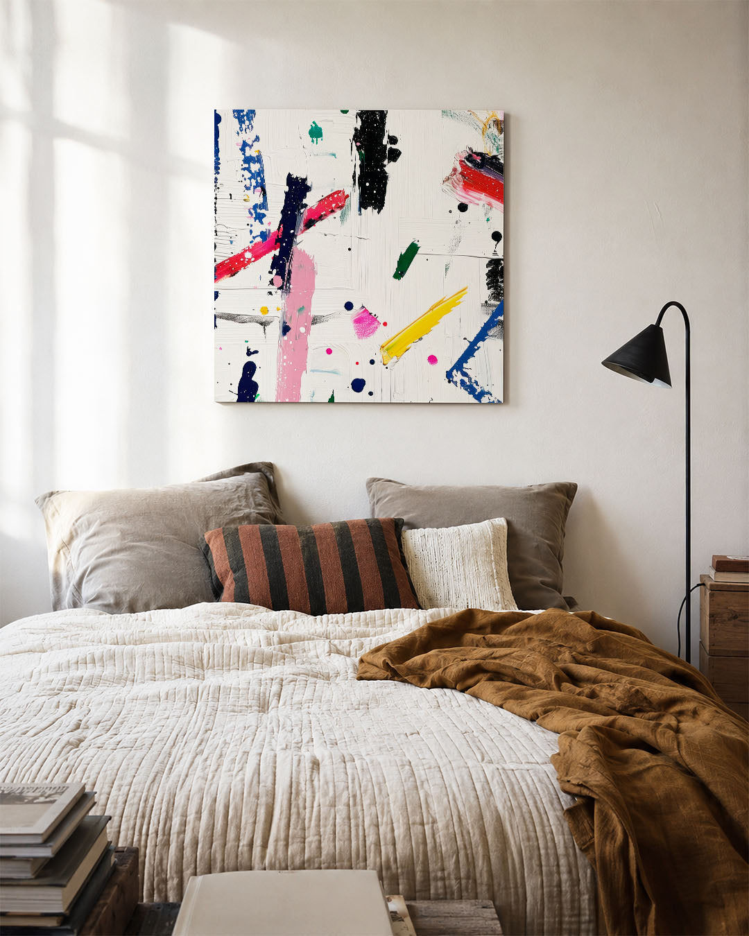 Dynamische kleurenexplosie kunstwerk – detailweergave – dit werk toont een levendige mix van kleuren en lijnen. De dynamische