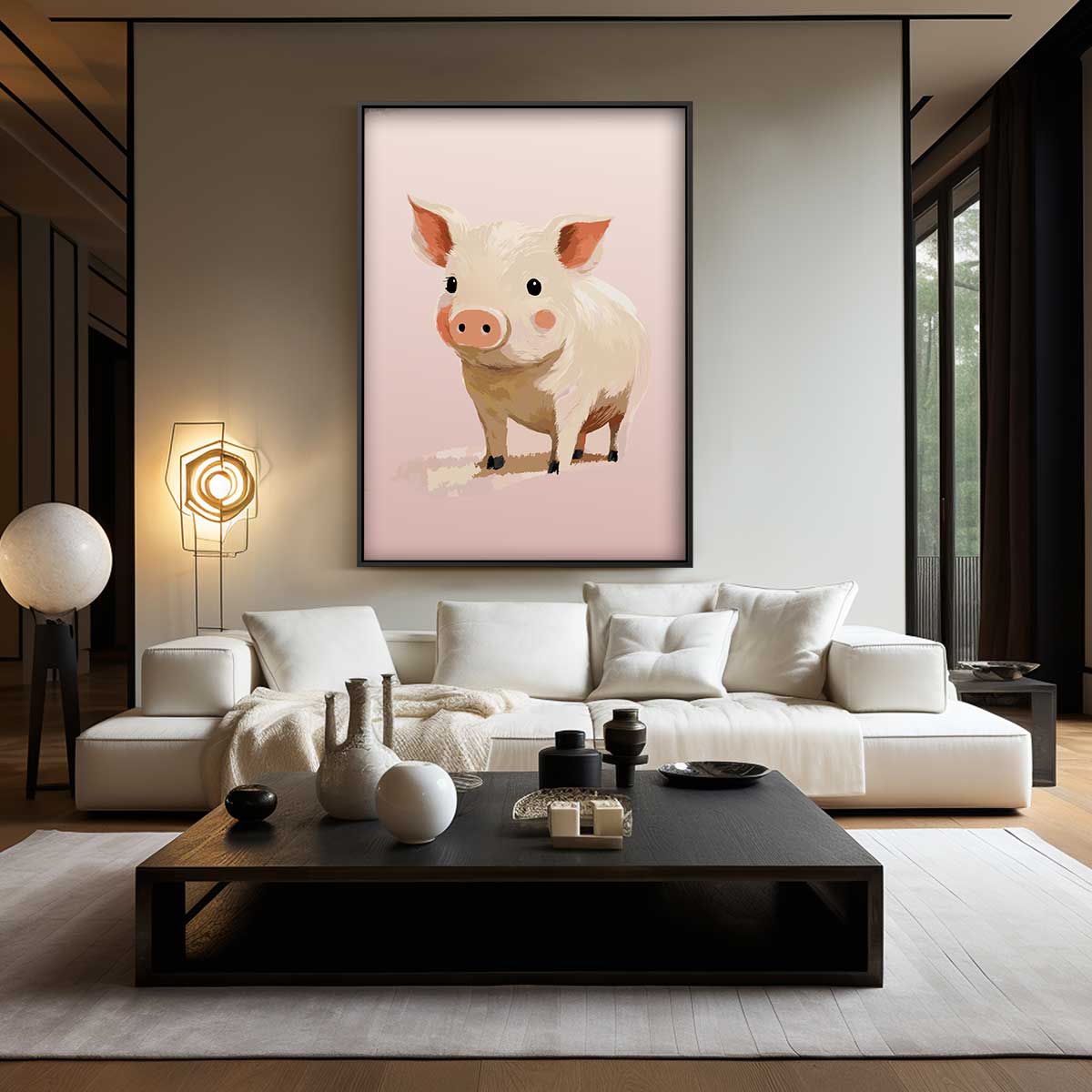 Schattig Varkentje op Roze Achtergrond – canvas wanddecoratie in portret formaat