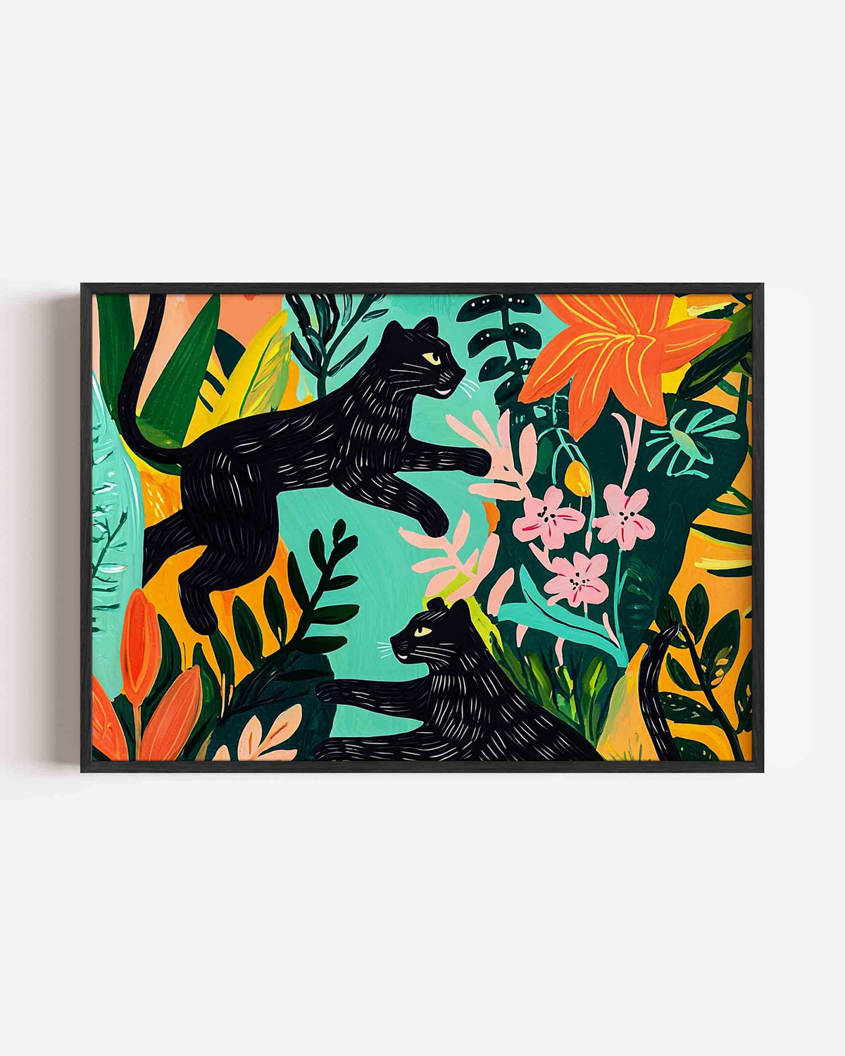 Zwarte panters en bloemen – dieren landscape poster als wanddecoratie