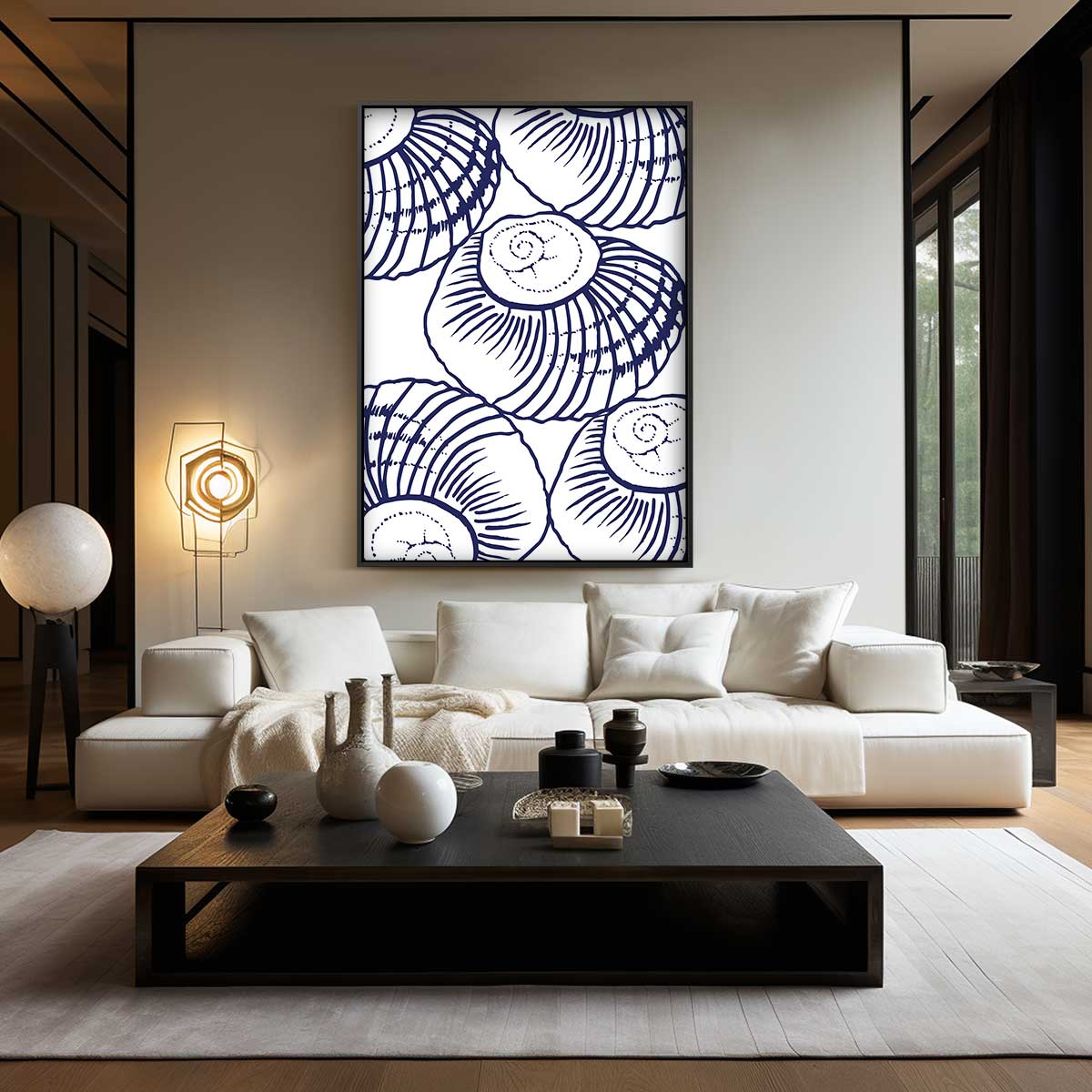 Blauwe Schelpen Illustratie – modern portret kunstwerk van WallArtistic