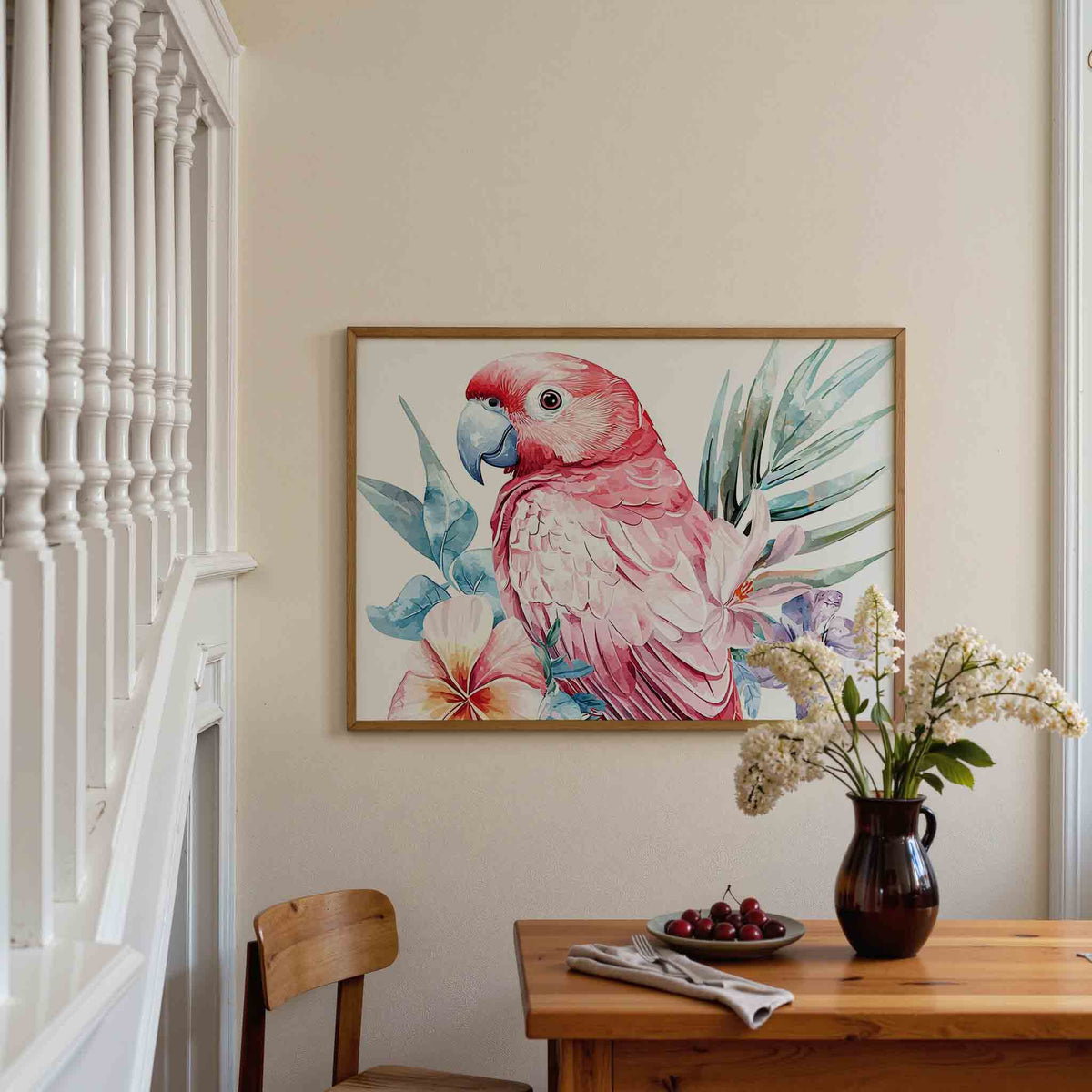 Papegaai met bloemen – dieren poster in liggend formaat