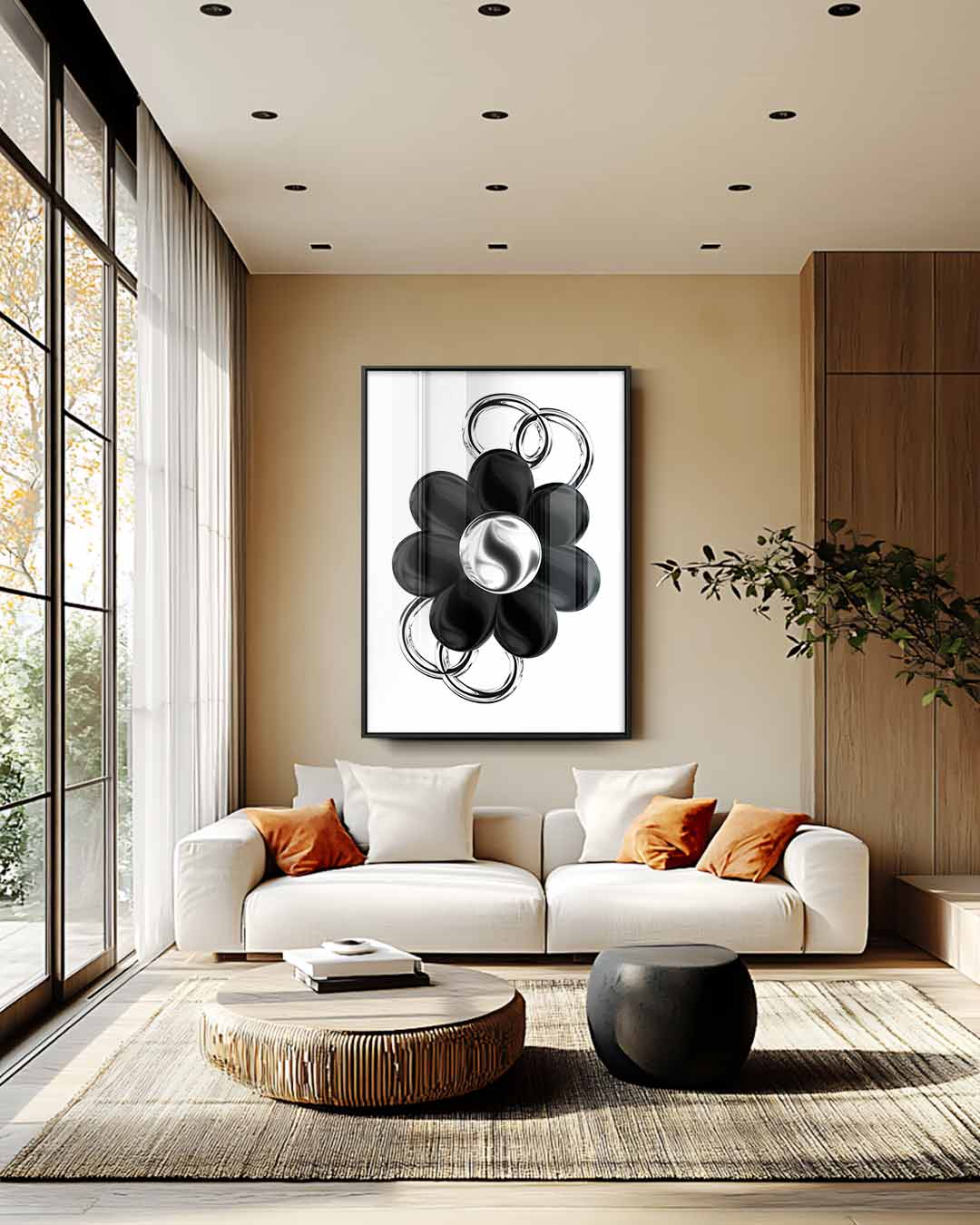 Bloem in Zilver en Zwart – staande wandkunst voor woonkamer of interieur