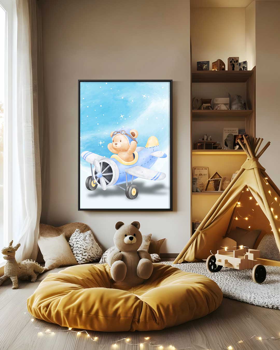 Dromende Teddy in Vliegtuig – modern portret kunstwerk van WallArtistic