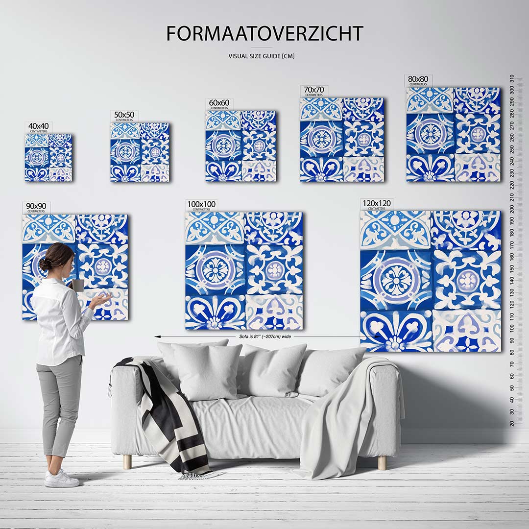 Geometrische patronen kunstwerk – sfeerbeeld – dit werk toont een reeks geometrische patronen in blauw en wit, met vloeiende