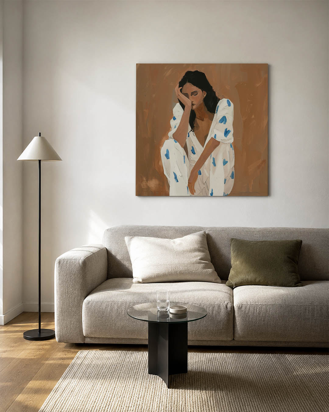 Dromerige vrouwenzitting kunstwerk – vierkante wanddecoratie – dit kunstwerk toont een vrouw in een contemplatieve houding