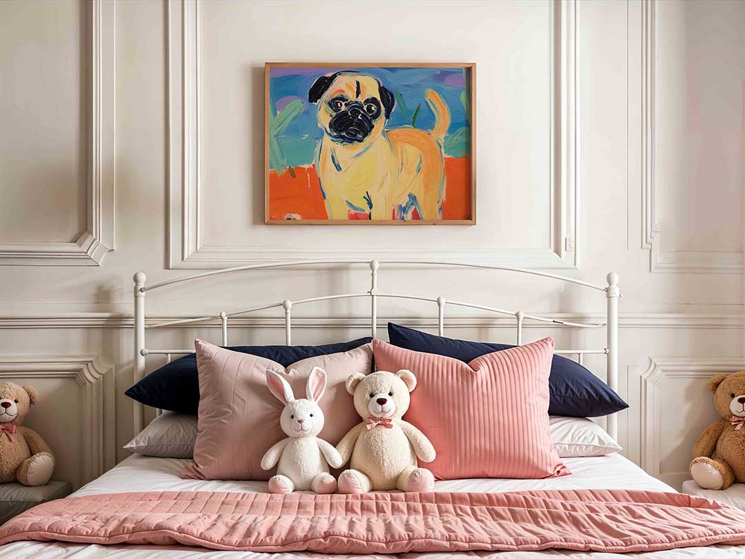 Mopshond met kleurrijke achtergrond – kids poster in liggend formaat