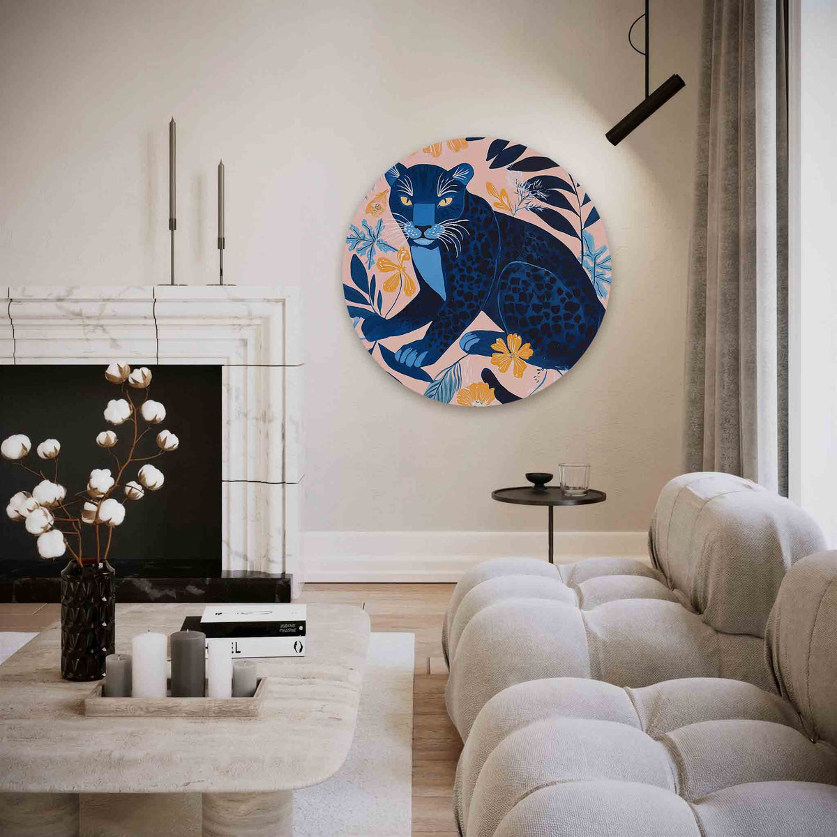 Blauwe panter met bloemen – vrouwelijk portret muurcirkel als wanddecoratie