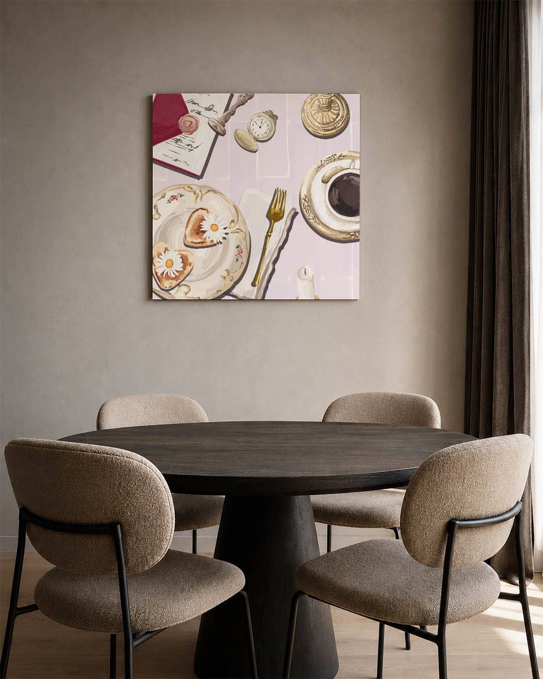 Ontbijtscène kunstwerk – vierkante wanddecoratie – dit werk toont een ontbijtscène met delicate serviesstukken, een gouden