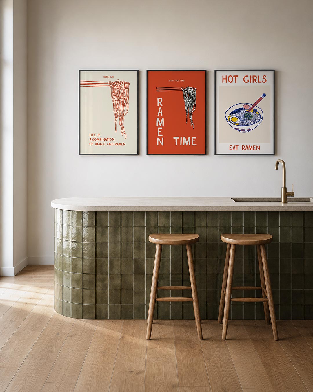 Lijnen en noodles posterset – tweede productweergave – een speelse tekening van rode lijnen die een bosje noodles