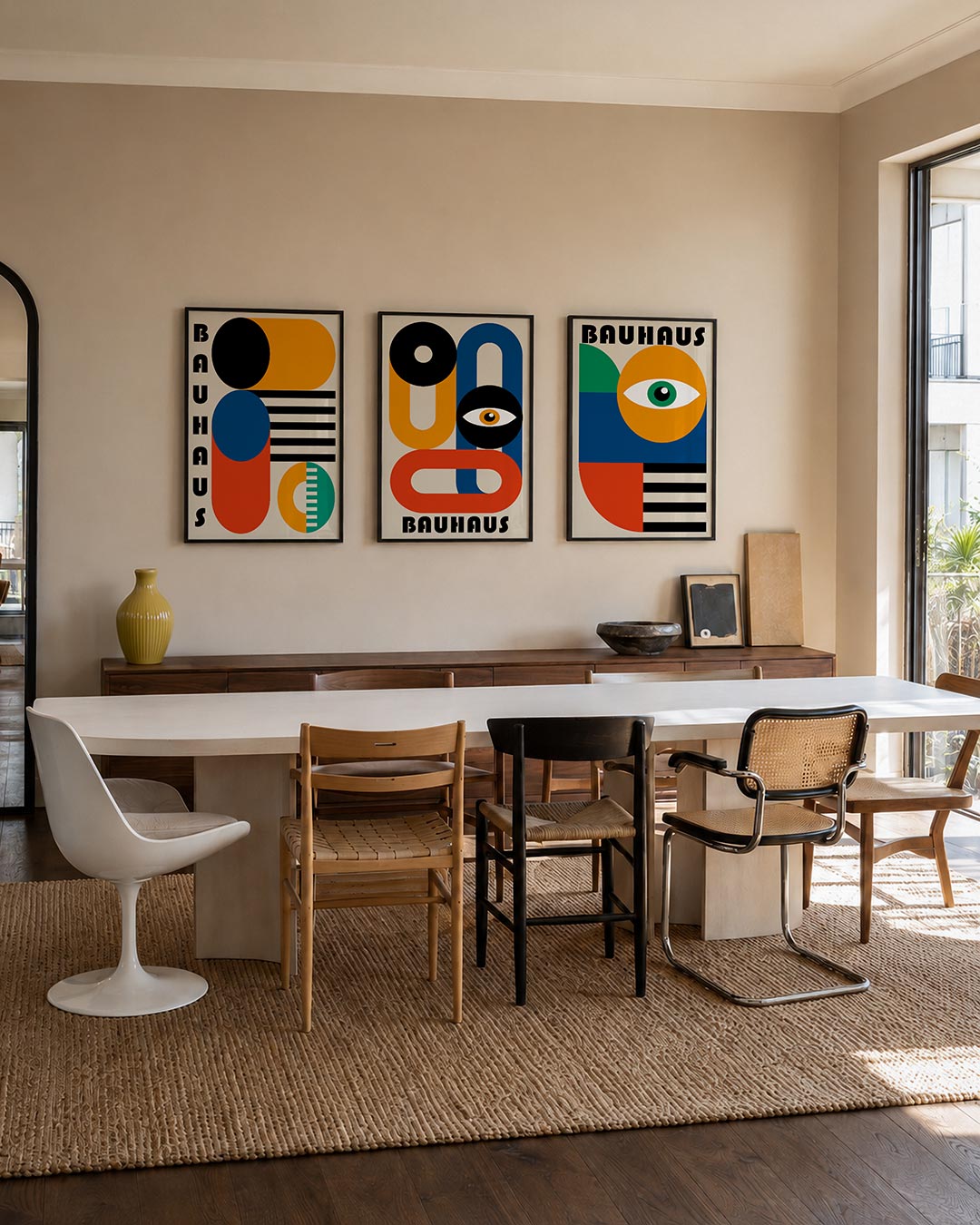 Vormen en kleurvlakken driedelige posterset – deze posterset in drie delen toont een dynamisch spel van cirkels, rechthoeken