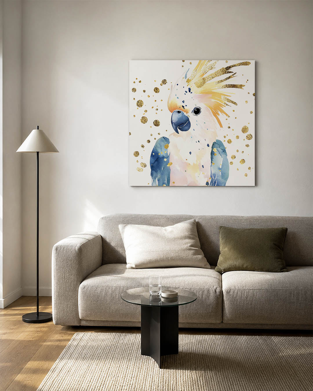 Vrolijke papegaai kunstwerk – detailweergave – dit kunstwerk toont een kleurrijke papegaai met blauwe en oranje tinten