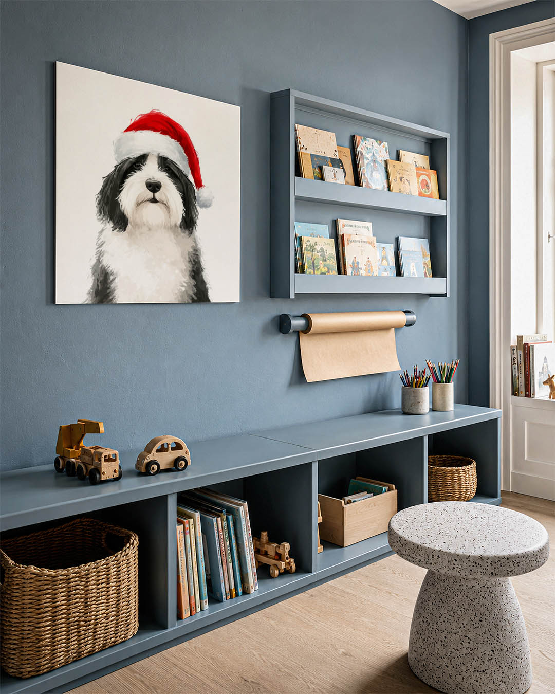 Kersthond portret kunstwerk – detailweergave – dit werk toont een hond met een kerstmuts. De compositie is eenvoudig en