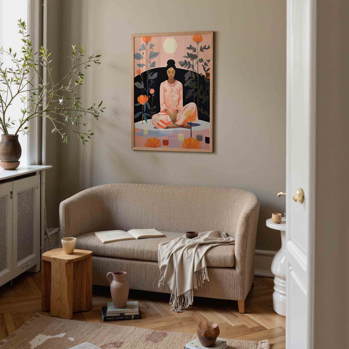Mediterende vrouw met bloemen – botanische poster in staand formaat