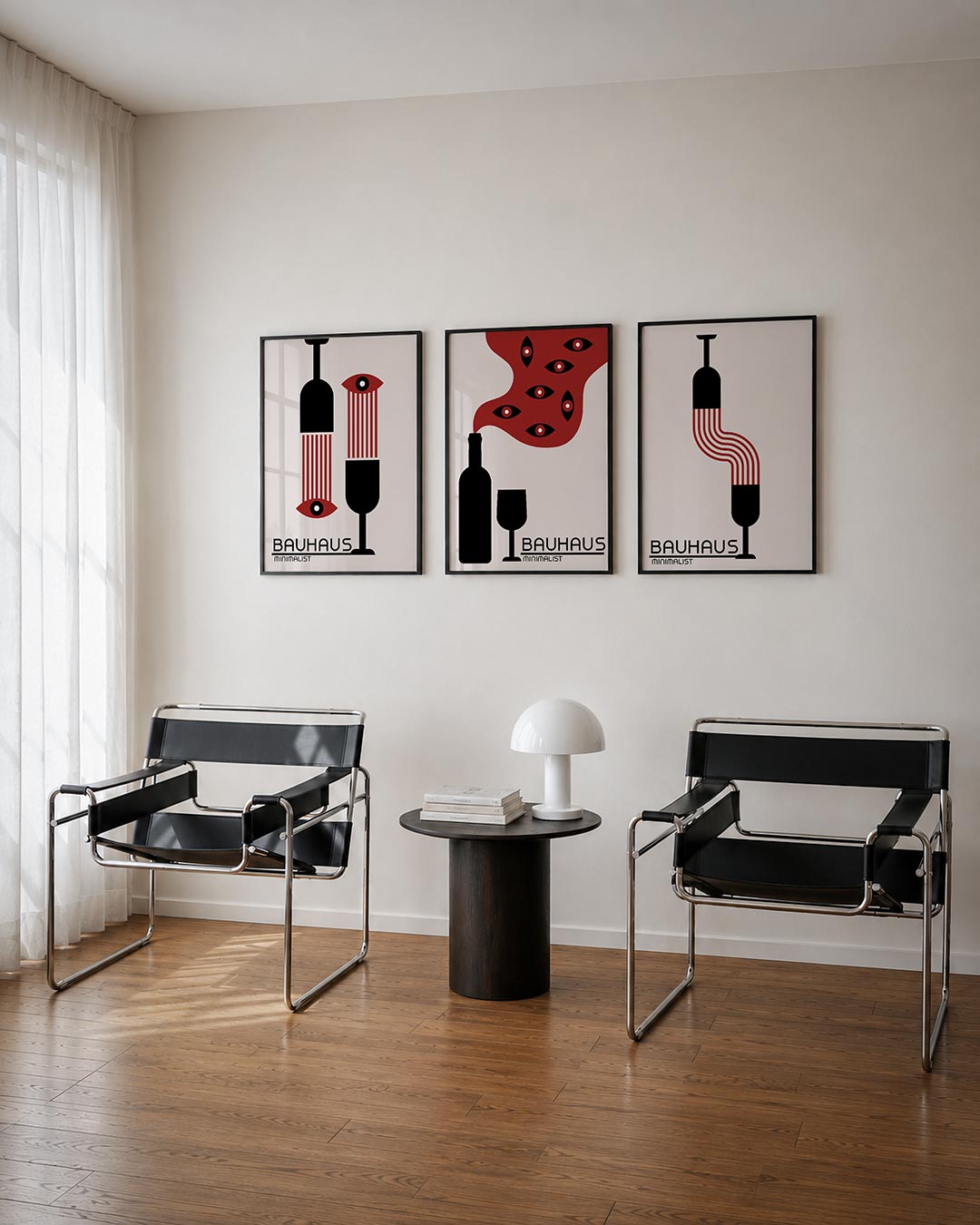 Vormen en vlakken driedelige posterset – deze posterset in drie delen toont een speels lijnenspel met contrasterende kleuren.