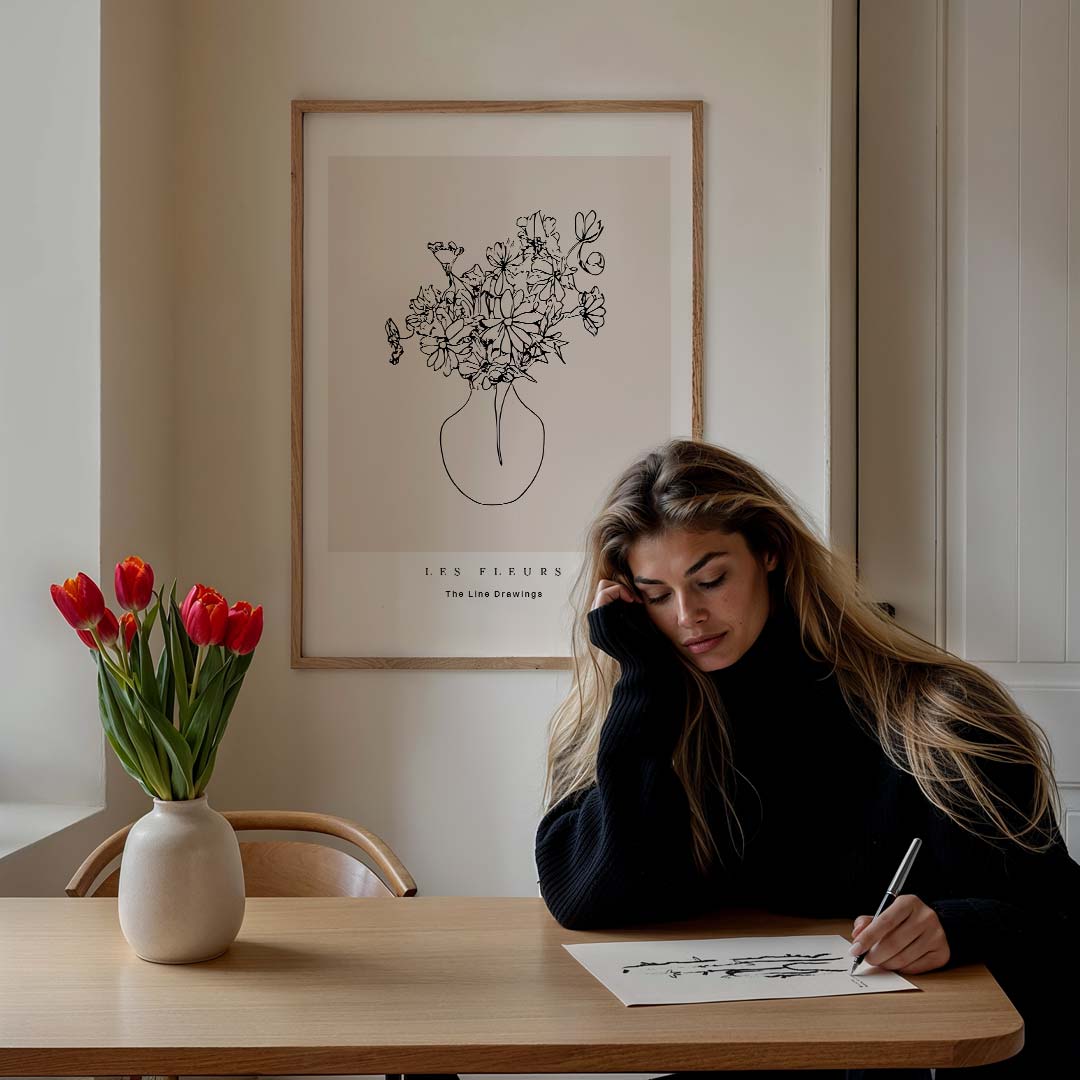 Elegante Bloemenlijntekening – bloemen poster in staand formaat