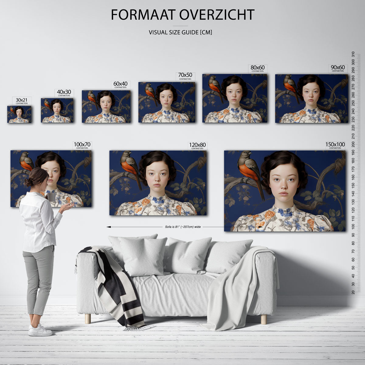 Meisje met vogel – liggende muurposter met vrouwelijk portret