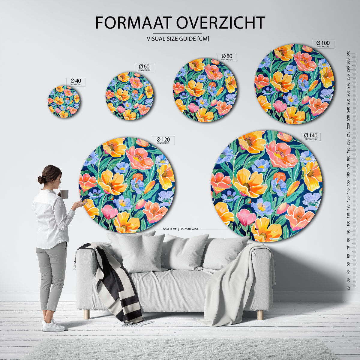 Bloemen en bladeren – geïllustreerde wandkunst als moderne muurcirkel
