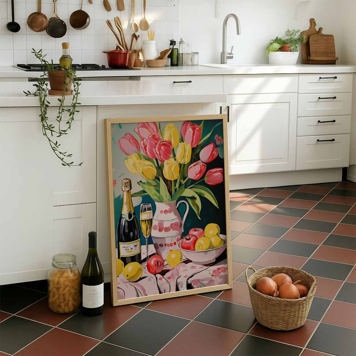 Bloemen en Bubbels – staande muurposter voor keuken of eethoek