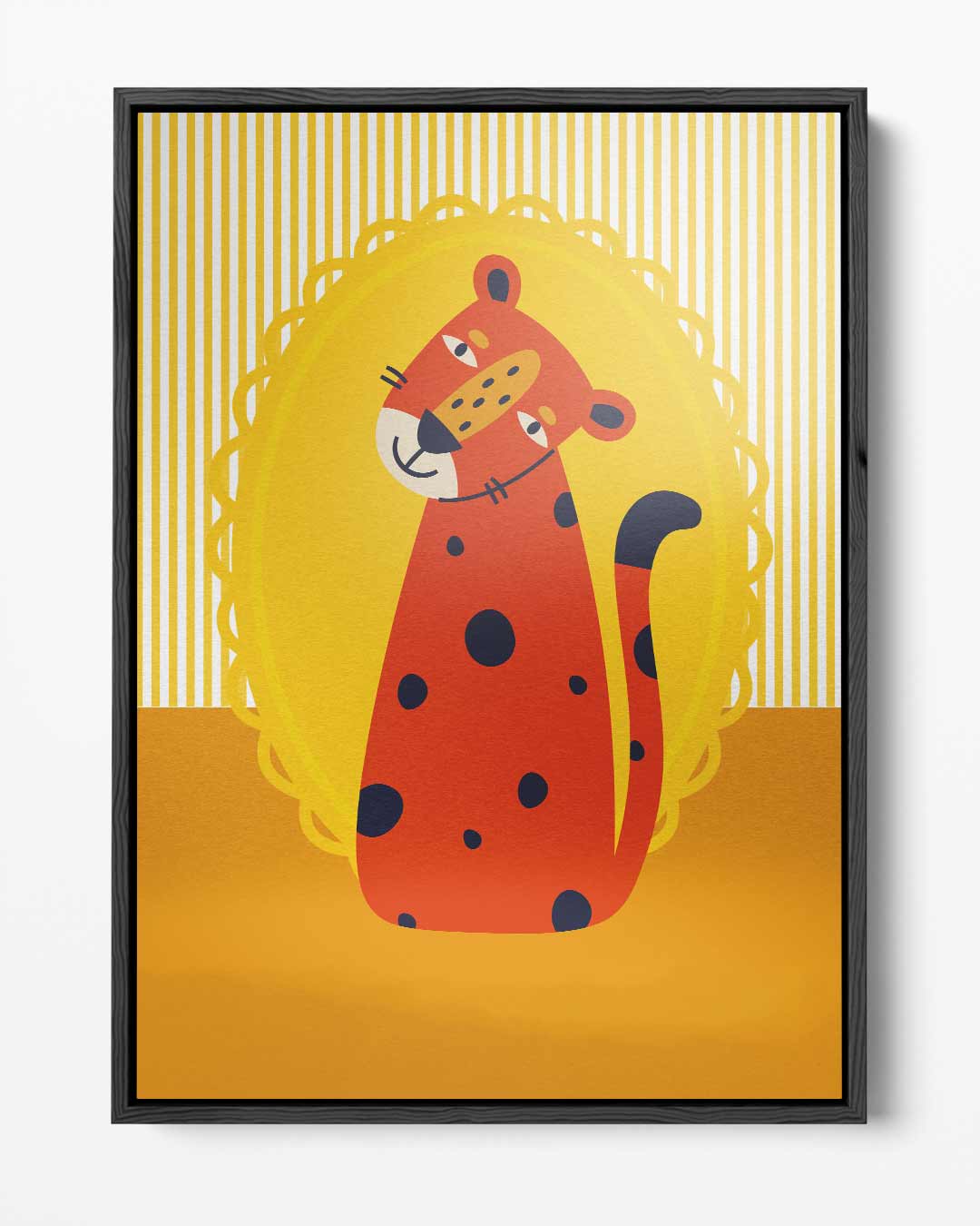 Vrolijke Cheetah op Geel – portret kunstwerk als wanddecoratie