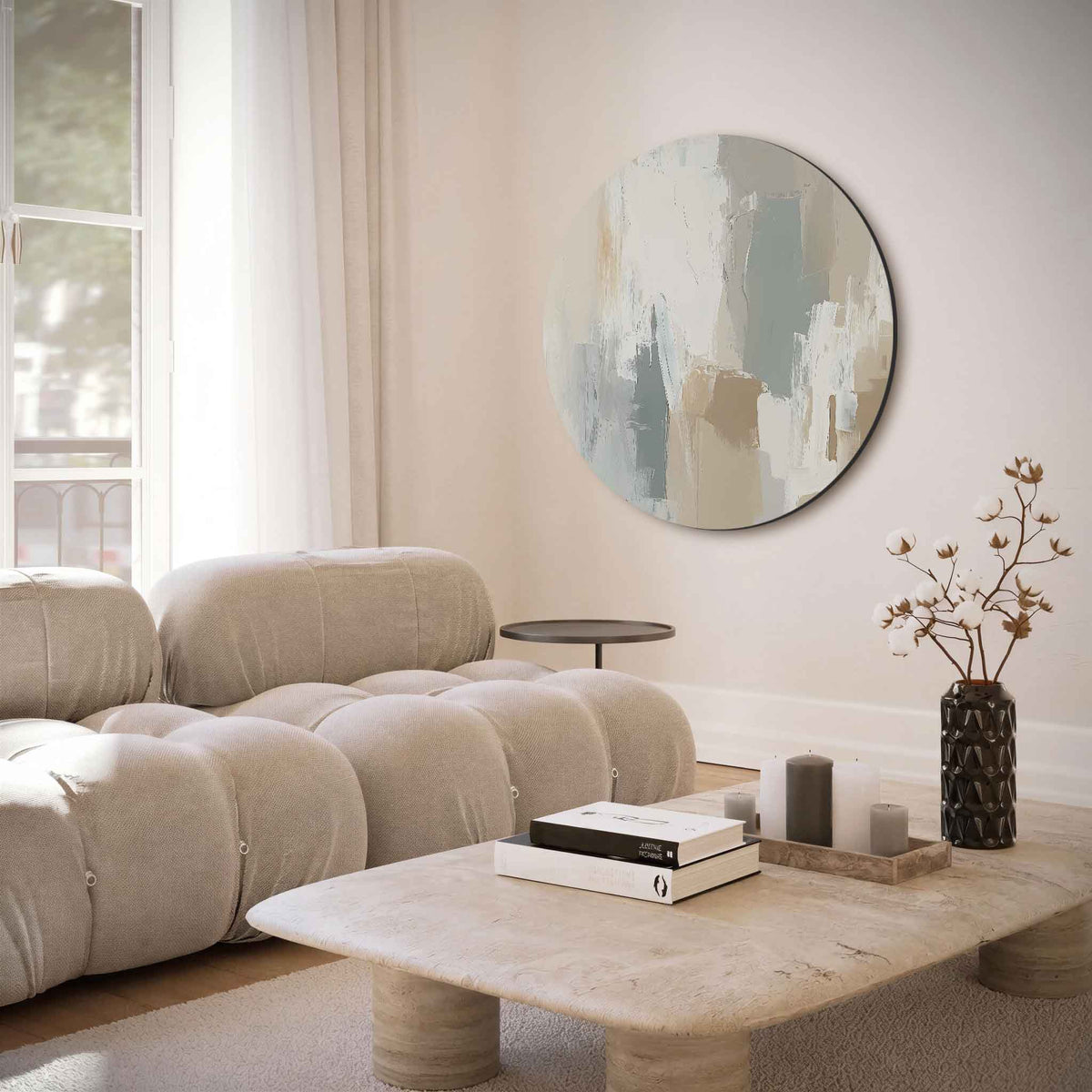 Abstracte beige – muurcirkel met abstracte texturen voor aan de muur
