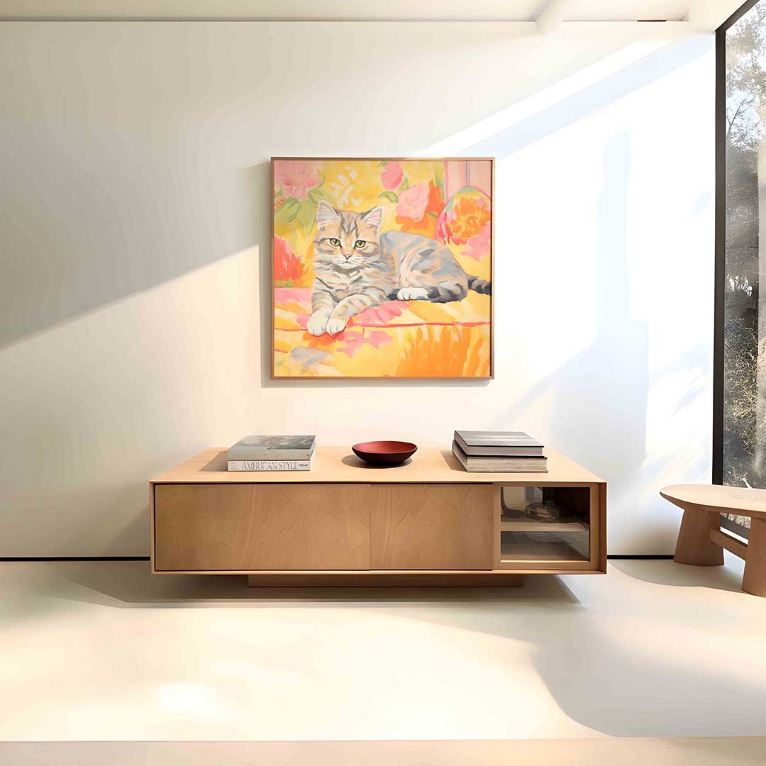 Kat met bloemen – vierkante dieren wanddecoratie van WallArtistic