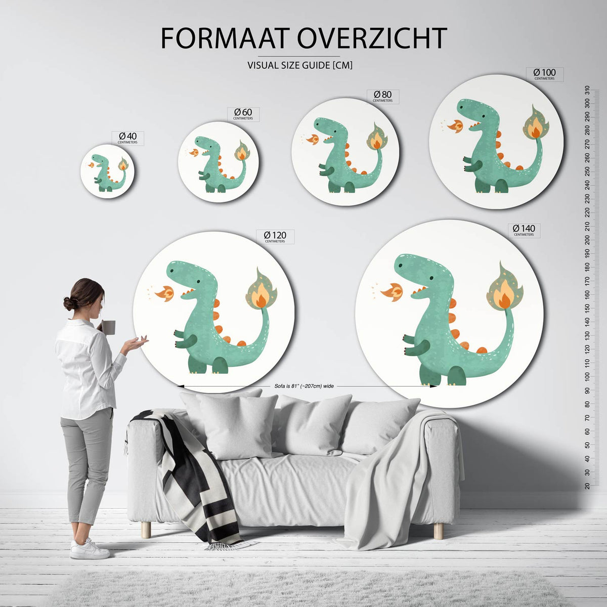 Groene dinosaurus Muurcirkel – extra productweergave – Een groene dinosaurus met oranje stekels en een vlam op de staart.