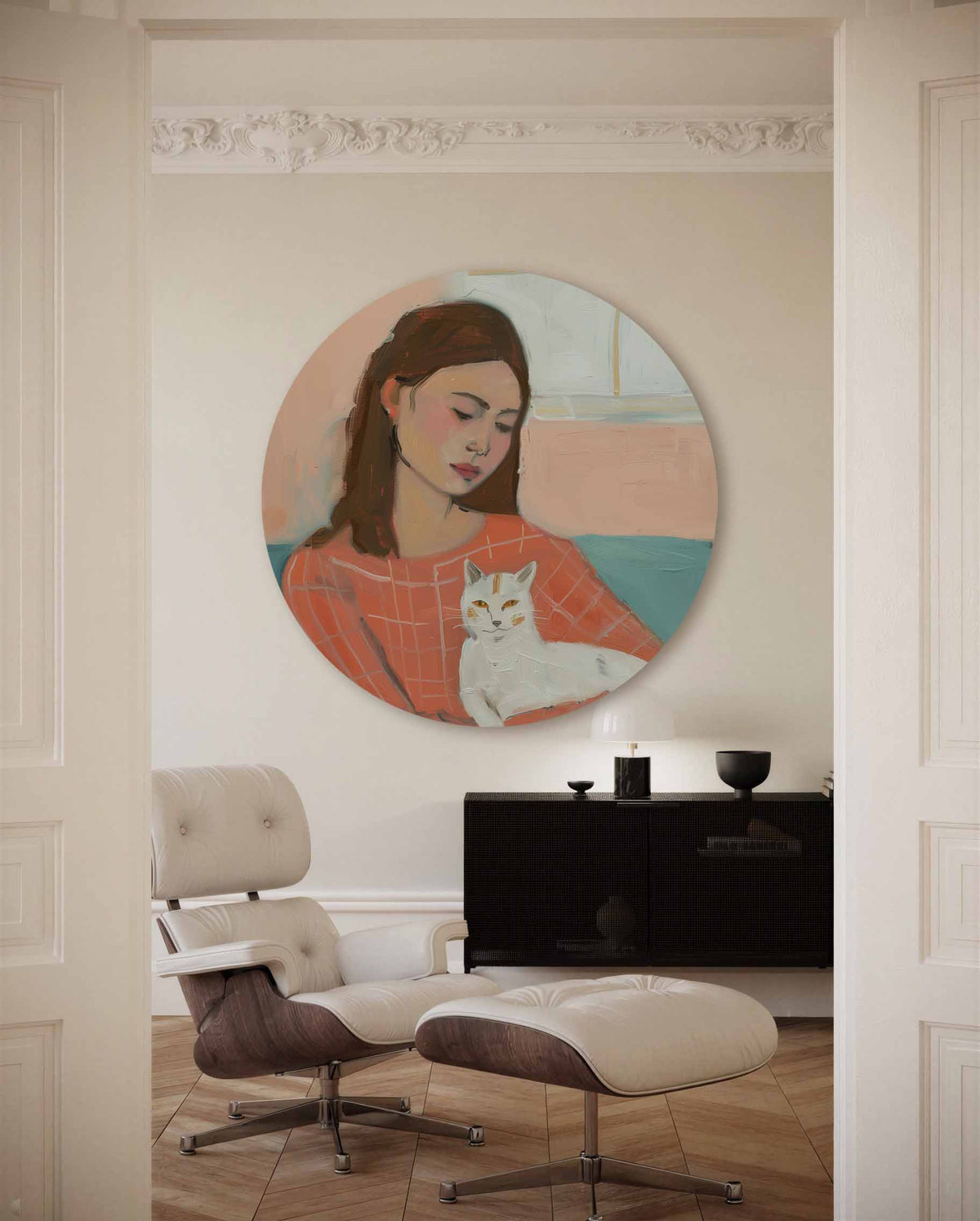 Vrouw met kat – muurcirkel met kleur en vormen voor aan de muur