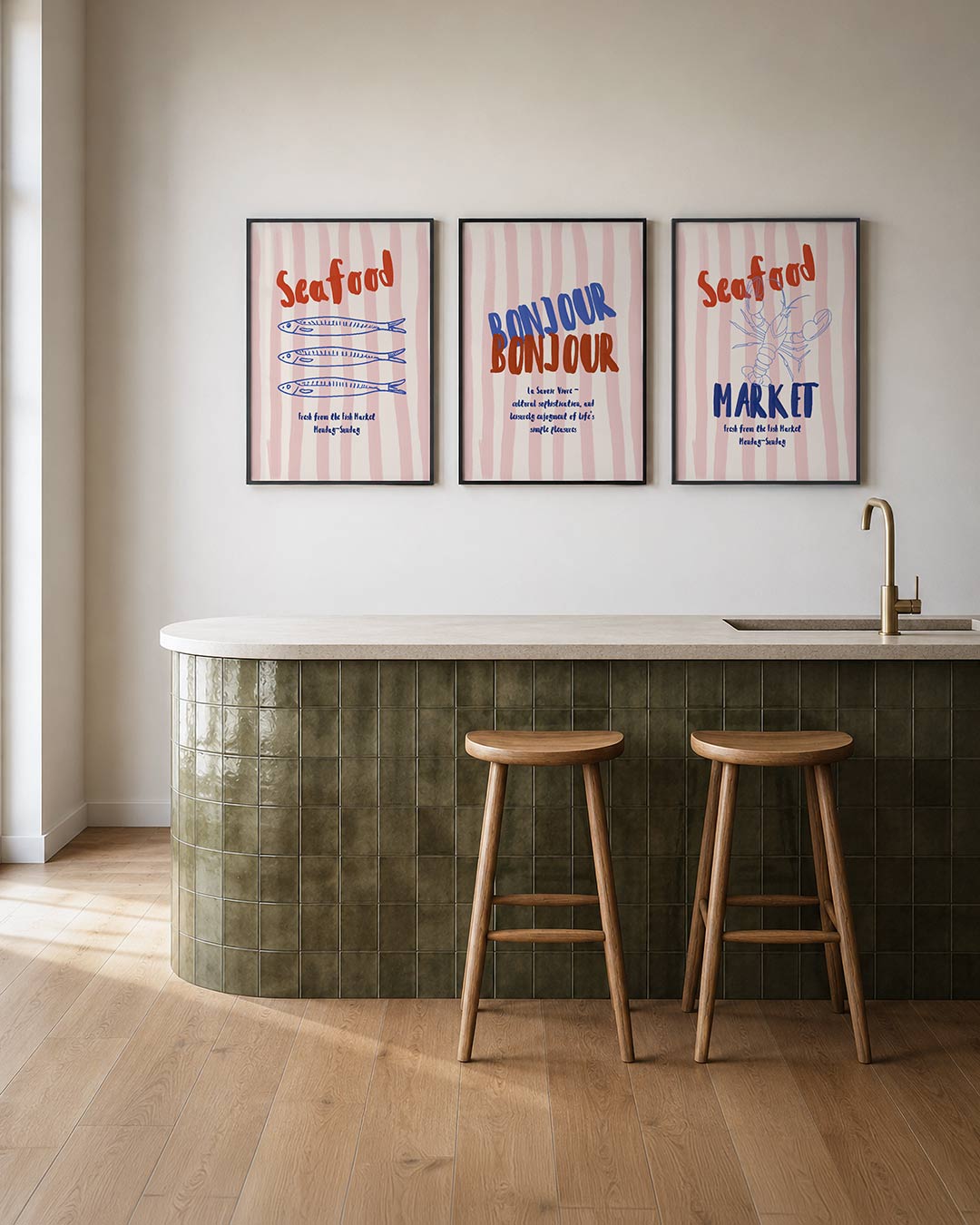 Visuele eenvoud posterset – tweede productweergave – deze posterset in drie delen toont speelse blauwe visvormen