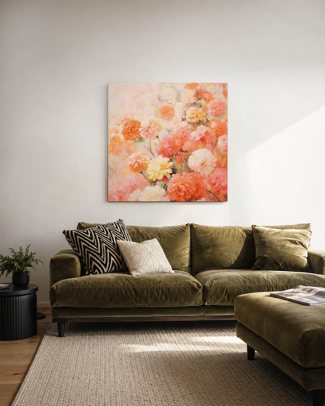 Bloemenexplosie kunstwerk – sfeerbeeld – dit werk toont een overvloed aan bloemen in warme tinten. De compositie is dynamisch