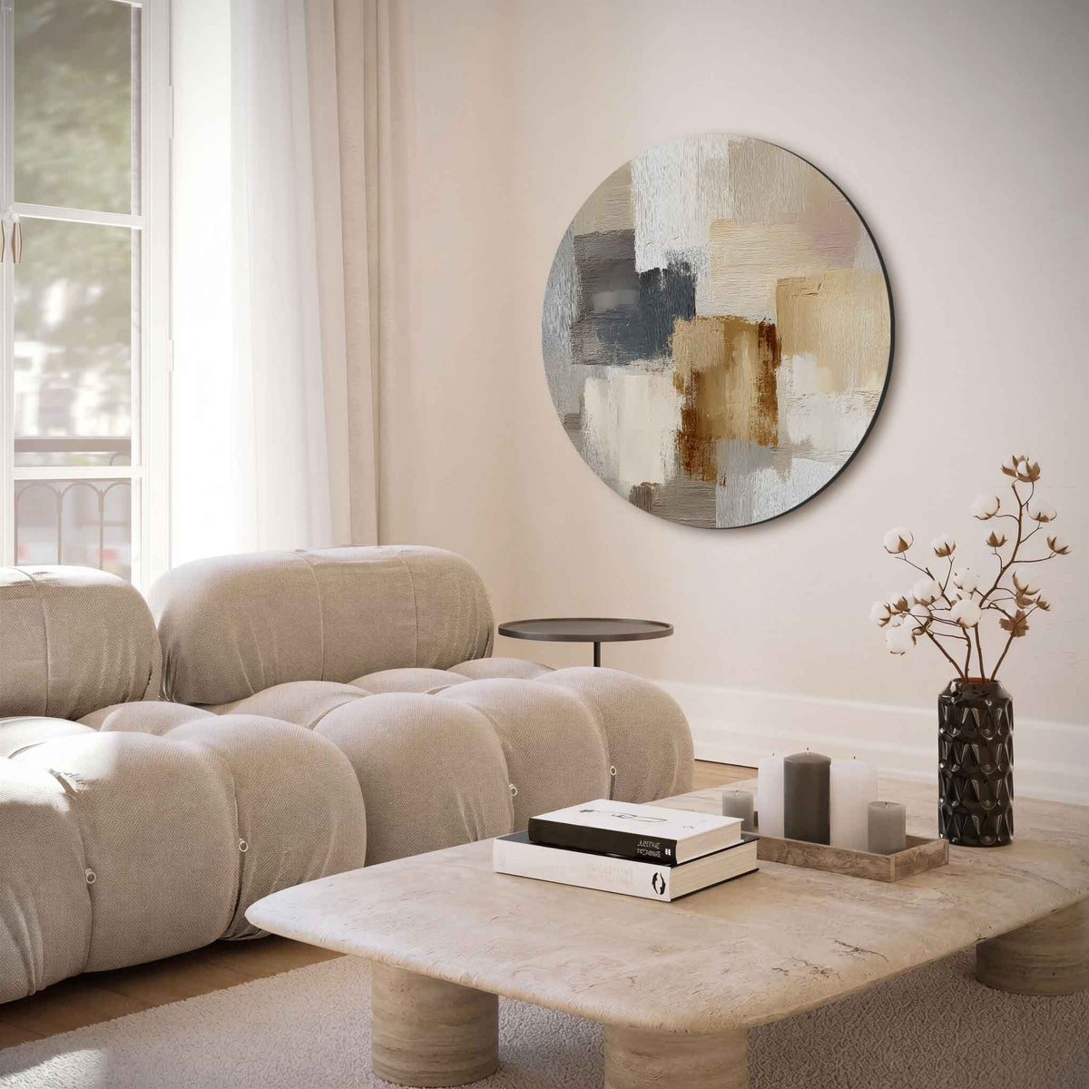 Abstracte beige en grijze – muurcirkel met abstracte texturen voor aan de muur
