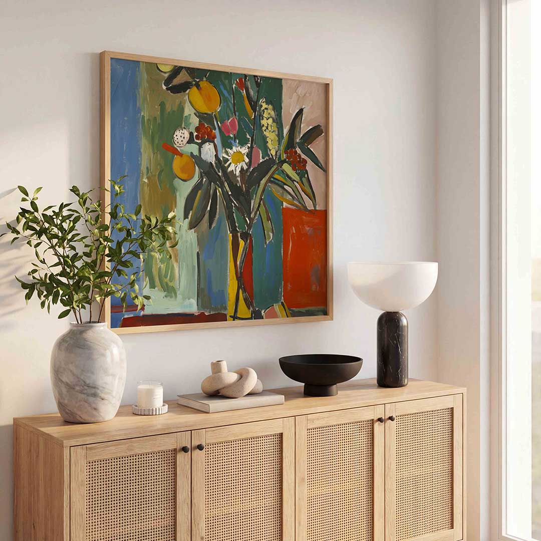 Bloemen en fruit – kunst en design poster in vierkant formaat