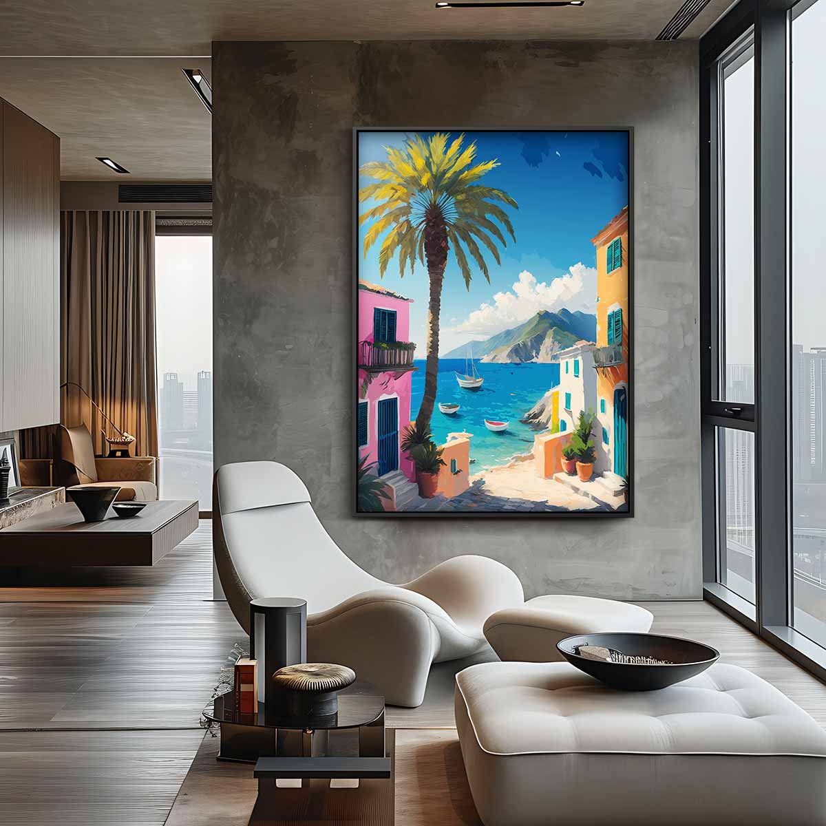 Zonovergoten Mediterraans Dorp – canvas wanddecoratie in portret formaat