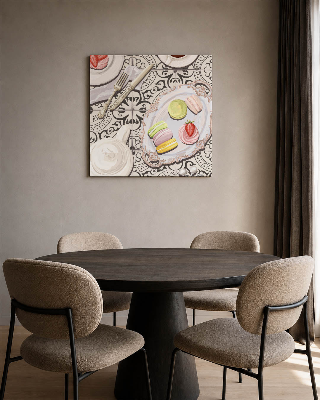 Delicaat desserttafereel kunstwerk – vierkante wanddecoratie – dit toont een elegant gedekte tafel met kleurrijke macarons en