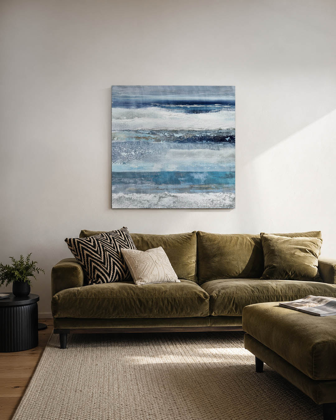 Horizontale kleurenlagen kunstwerk – derde productweergave – dit werk toont horizontale lagen in verschillende tinten blauw
