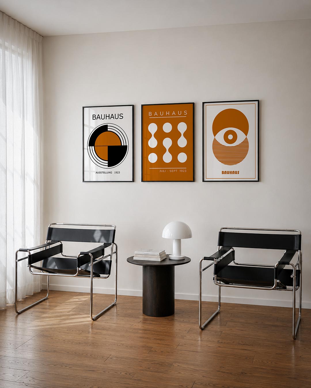 Cirkel en lijnen driedelige posterset – deze posterset in drie delen toont een centrale cirkel in warm oranje, omringd door