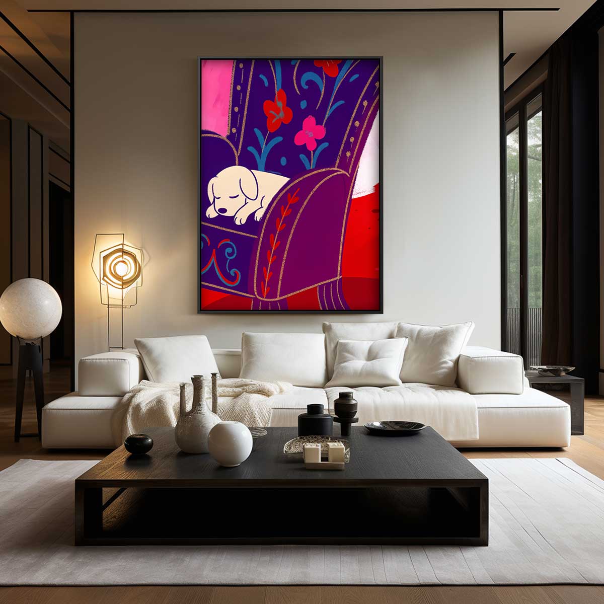 Snoezige Hondendroom – kunstwerk met zwarte baklijst