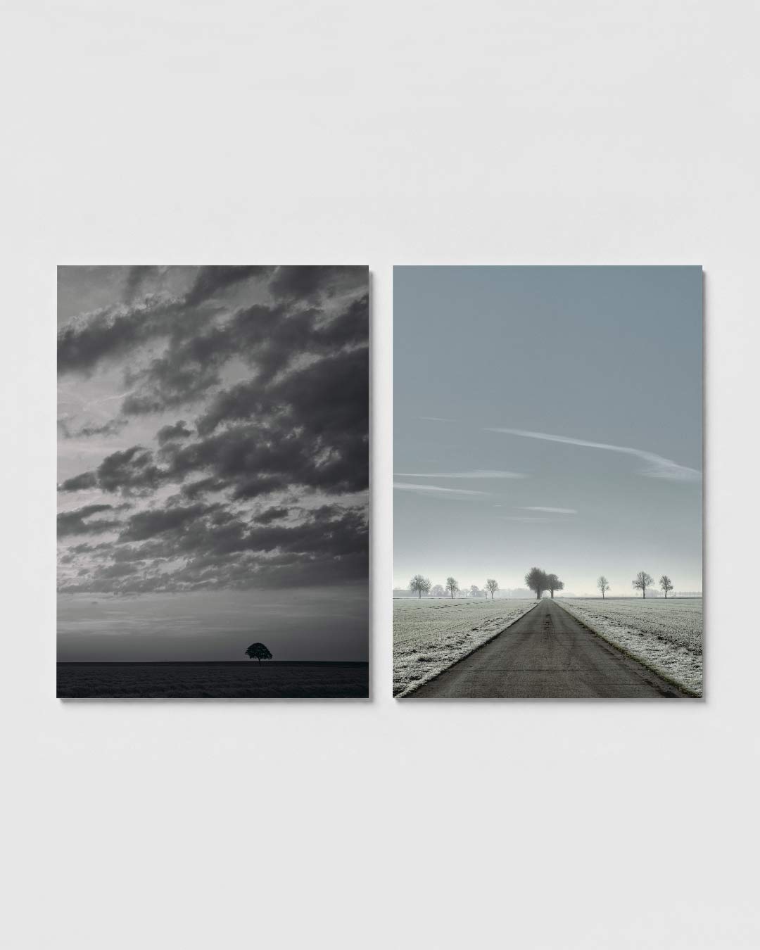 Landschap en lucht posterset – sfeerbeeld – een eenzame boom staat onder een hemel vol wolken. De horizon scheidt de lucht