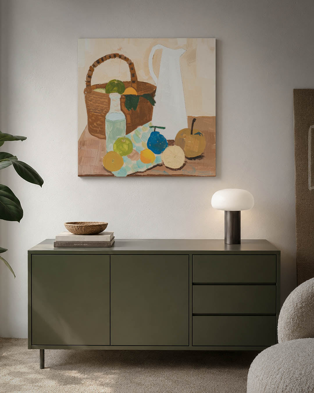 Fruit en mand kunstwerk – detailweergave – dit werk toont een stilleven met een mand, fruit en een karaf. De kleuren zijn